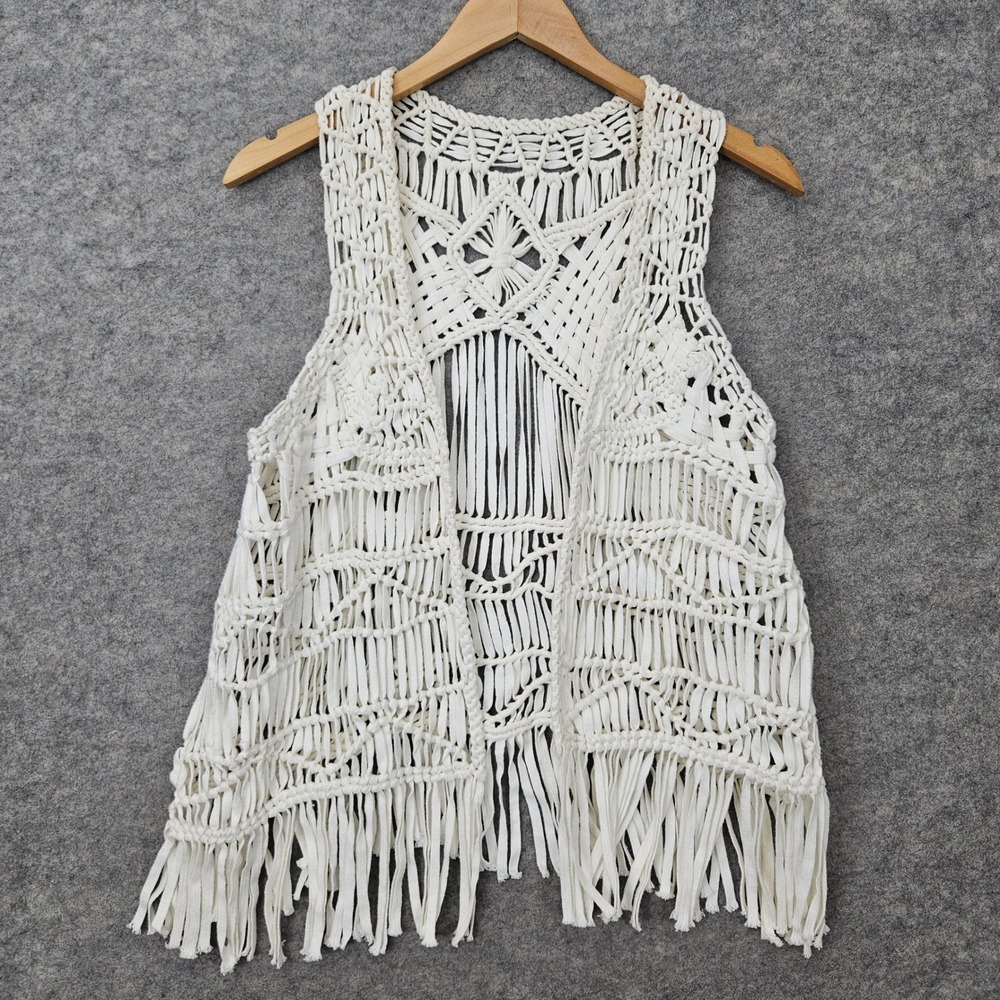 Unbranded Macrame Vest Women's White One Size Fringe Boho Festival Open Front